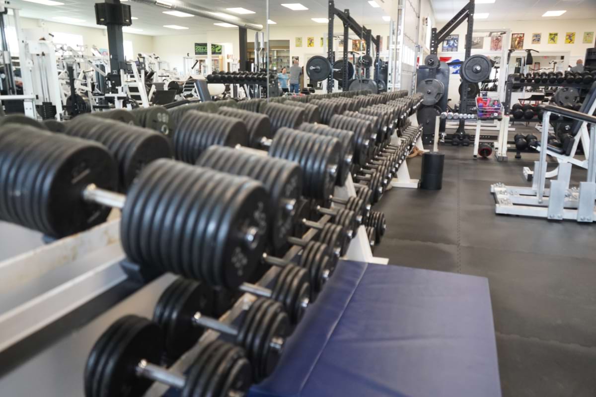Trabucco Fitness weight floor — full dumbbell rack with plate-loaded strength machines and benches